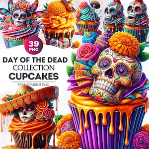 39 Day of the dead Cupcake Clipart set, Sugar Skull Clipart, Día de Los Muertos Clipart, Floral La Catrina, Mexican Halloween design