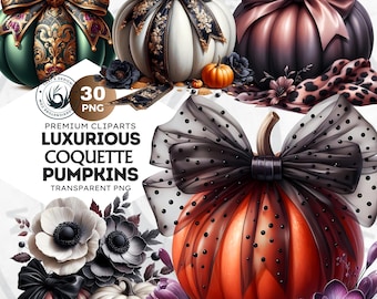 Coquette Pumpkins Clipart Set: Chic Fall Decor, Elegant Bows (PNG, Commercial Use)