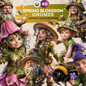 Op de afbeelding: Een digitale illustratie van lentebloesemkabouters, met grillige personages met bloemen- en bladaccenten. De kabouters dragen bloemenhoeden en kleding, met een hommel en een vlinder. De tekst luidt "Spring Blossom Gnomes Cliparts + Backgrounds".