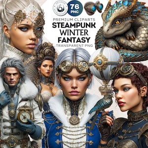 May include: Digital clipart set featuring steampunk winter fantasy designs. The image includes portraits of women and men with goggles, a dragon, a hot air balloon, and the text "Premium Cliparts Steampunk Winter Fantasy Transparent PNG".