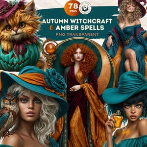 Puede incluir: Arte digital con el texto "AUTUMN WITCHCRAFT & AMBER SPELLS PNG TRANSPARENT". Las imágenes incluyen un gato en una calabaza, mujeres con atuendos turquesa y naranja, y un búho.
