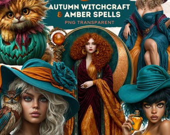 May include: Digital art featuring a collection of fantasy images with the text "AUTUMN WITCHCRAFT & AMBER SPELLS PNG TRANSPARENT". The images include a cat in a pumpkin, women in teal and orange outfits, and an owl.