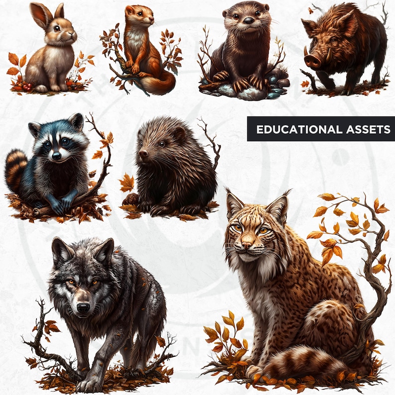 60 Woodland animals Clipart Set, Cute and Realistic Forest Wildlife, Fall Clipart, Autumn animal PNG, baby animals PNG, Fall sublimation