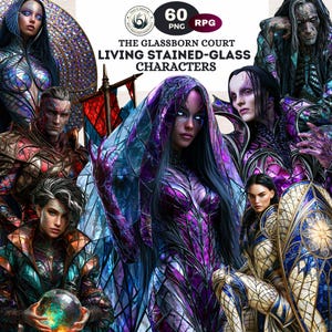 Clipartes e história dos personagens de vitrais da Corte Glassborn, Diário de Clipart de RPG Gótico VTT
