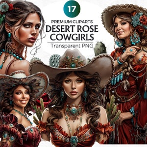 Zestaw clipartów Fashion Cowgirl Portrait, Desert Rose Cowgirl prints, Cowgirl hat png, Western Sublimation, Western Art, Wild West Illustrations