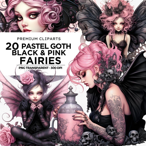 Pink Pastel Goth Fairy Clipart PNG, Gothic Fairies clipart, Fantasy clipart, Fairytale Bundle PNG, book art, Scrapbook, Junk Journal, shirts