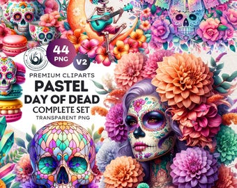 May include: A digital art collection featuring Day of the Dead imagery. The artwork includes colorful sugar skulls, floral arrangements, and a skeleton playing a guitar on a crescent moon. The text reads "PASTEL DAY OF DEAD COMPLETE SET".