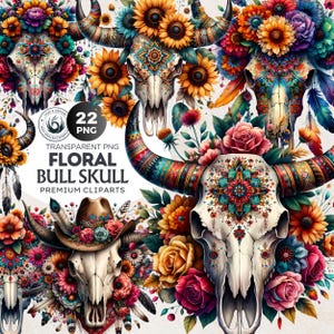 Floral Bull skull PNG clipart, Boho western PNG, Western Sublimation, floral cow skull with feathers crafts and sublimation. Commercial use