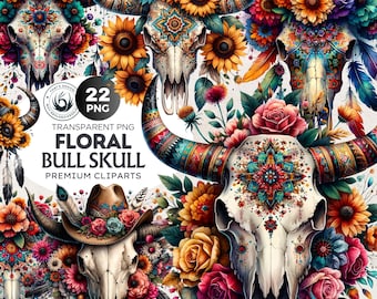 Floral Bull Skull PNG Clipart: Boho Western Sublimation (Digital Download)