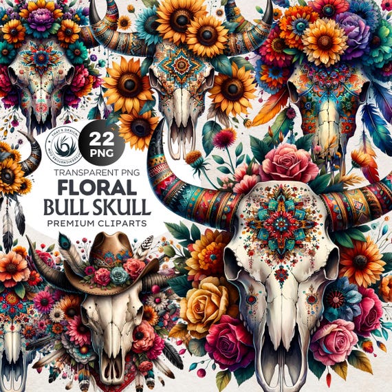 Floral Bull Skull PNG Clipart: Boho Western Sublimation (Digital Download)