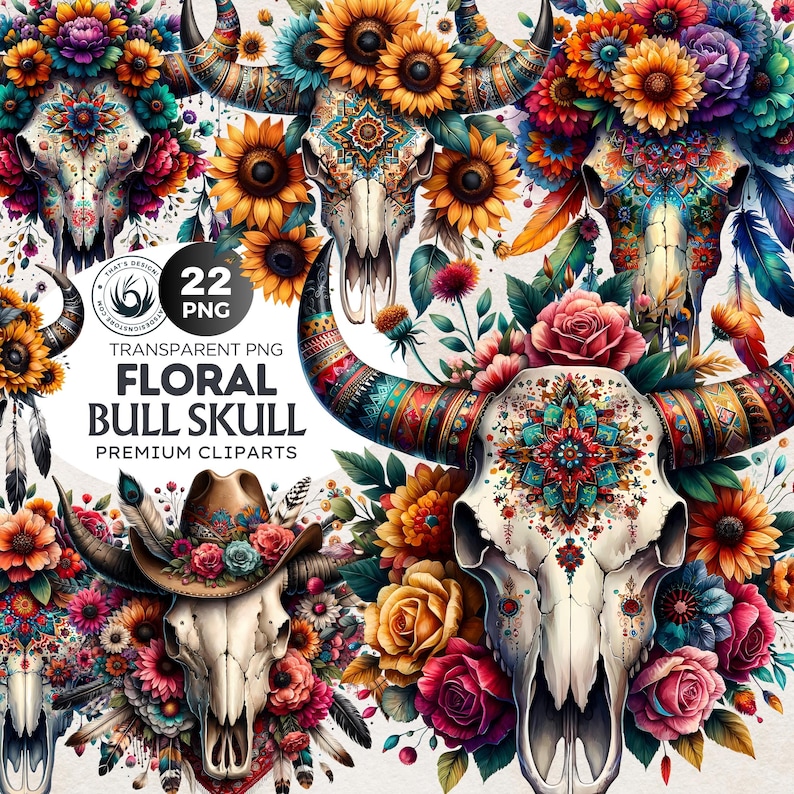 Floral Bull skull PNG clipart, Boho western PNG, Western Sublimation, floral cow skull with feathers crafts and sublimation. Commercial use