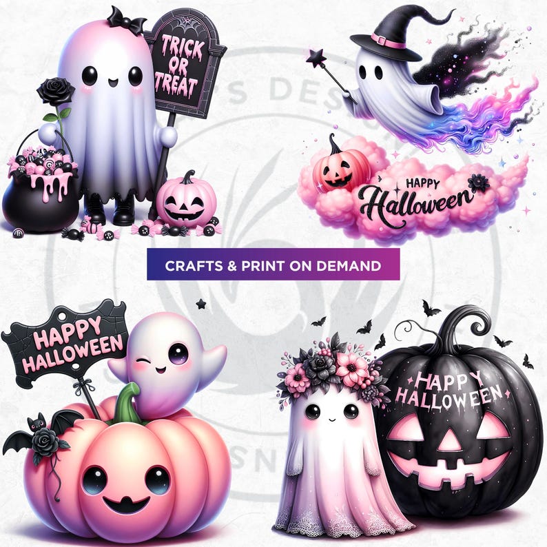 Pastel Goth Halloween Ghost Clipart Set: Pink and Black Kawaii Spooky ...