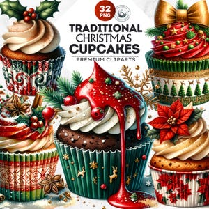 Watercolor Christmas Cupcakes Clipart PNG | Delicious Christmas PNG for Sublimation, Christmas Sweets Clipart, Traditional Cupcake PNG.