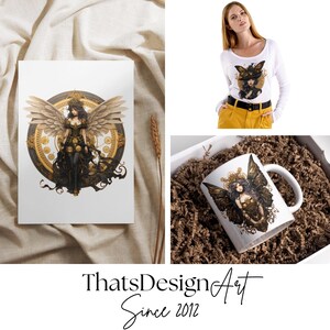 Steampunk Black and Gold Fairy Clipart PNG - A vintage inspired digital print featuring a captivating fairy, Victorian elegance, mythical elements, and more. Ideal for crafting, sublimation, decor, and imaginative projects. Digital prints