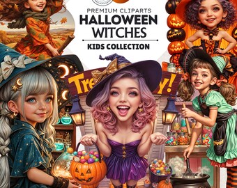 Halloween Witch Clipart Set, Kids PNG (Digital Download