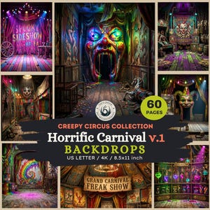 Puede incluir: Un collage de arte digital con un tema de circo espeluznante. Las imágenes incluyen un espectáculo de fenómenos, un freak show y una gran cara de payaso colorido. El texto en la imagen dice "Creepy Circus Collection Horrific Carnival V.1 Backdrops".