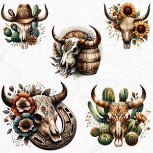 Rustic Bull skull PNG clipart Set, western PNG, Western Sublimation, floral cow skull with sunflower crafts and sublimation. Commercial use