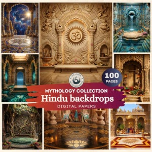Fondos digitales de mitología hindú, escenas de templos védicos, papeles para collage de diario (100 páginas)