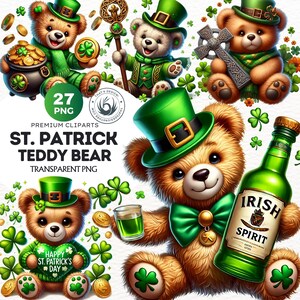 May include: A set of 27 digital clipart images featuring cute teddy bears dressed in green shamrock hats and outfits. The bears are holding various St. Patrick's Day themed items, including a pot of gold, a shamrock, a bottle of Irish spirit, and a glass of green beer. The clipart is perfect for creating festive crafts, cards, and digital designs.