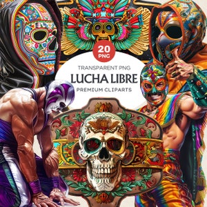 Lucha libre Clipart Set, Mexican Wrestling Masks - Mexican wrestler Luchador, Vibrant Lucha Libre Mask, lucha libre victory belt, Mexico art