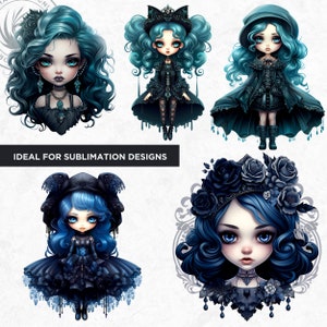 May include: Four digital illustrations of blue-haired girls in gothic-inspired outfits. Each girl has large eyes and a different hairstyle and pose. The illustrations are set against a white background.