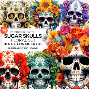 Sugar Skull PNG Día de Los Muertos Clipart, jour floral des morts, lot de conception mexicaine d'Halloween. PNG transparents, sublimation de tête de crâne