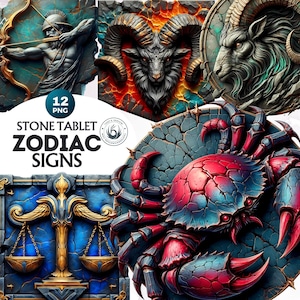 12 Zodiac signs Clipart Set, Stone Tablet, Astrology clipart, horoscope signs, Fantasy Clipart, Celestial clipart, zodiac symbols png