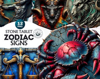 Puede incluir: Doce tabletas de piedra con los signos del zodíaco, cada una representando un símbolo del zodíaco diferente. Los signos están tallados en una textura de piedra y presentan detalles intrincados. Los signos incluyen Aries, Tauro, Géminis, Cáncer, Leo, Virgo, Libra, Escorpio, Sagitario, Capricornio, Acuario y Piscis.