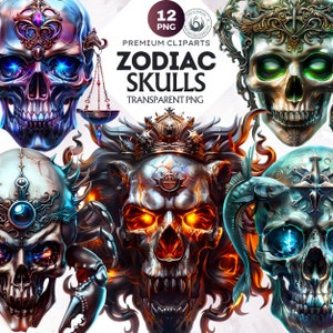 Sternzeichen Schädel Clipart Set, Astrologie Clipart, Horoskop Zeichen, Fantasy Clipart, Gothic Schädel, Kopf Schädel Clipart, Halloween Schädel Sublimation