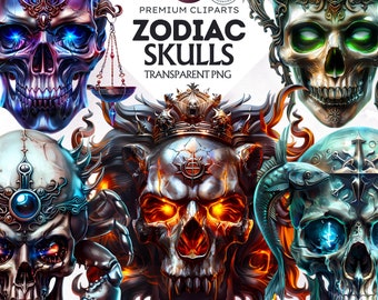 Zodiac Skull Clipart Set: Gothic Astrology PNG (Digital Download)