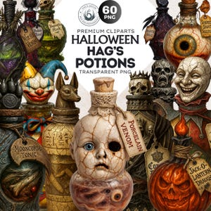 Puede incluir: Colección de imágenes prediseñadas de Halloween con botellas de pociones de varios diseños. Las botellas están adornadas con etiquetas y tapones decorativos, mostrando una variedad de colores y texturas. La imagen incluye el texto "Halloween Hag's Potions".