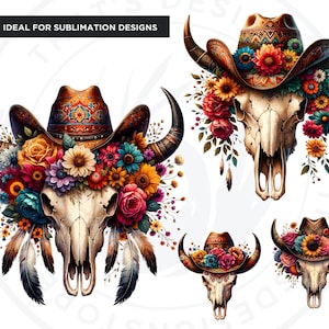 Floral Bull skull PNG clipart, Boho western PNG, Western Sublimation, floral cow skull with feathers crafts and sublimation. Commercial use