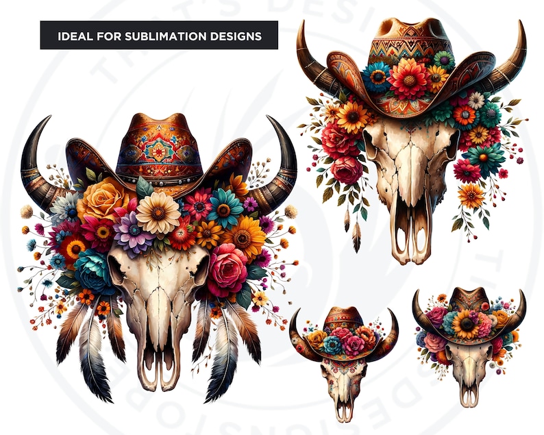 Floral Bull skull PNG clipart, Boho western PNG, Western Sublimation, floral cow skull with feathers crafts and sublimation. Commercial use