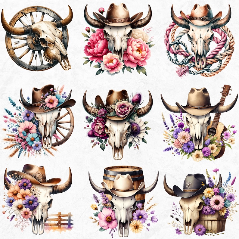 Rustic Bull skull PNG clipart Set, western PNG, Western Sublimation, floral cow skull with sunflower crafts and sublimation. Commercial use
