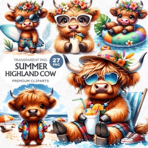 Zomer baby hooglandkoe clipart, schattig hooglandkalf png, aquarel tropische hooglandkoe voor sublimatie, strand clipart, zomer clipart