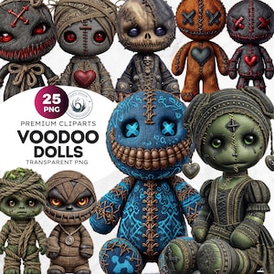 Voodoo Dolls Clipart PNG Set, Creepy Cute Gothic Spooky Characters for Halloween & Sublimation Art, Transparent background, Commercial use