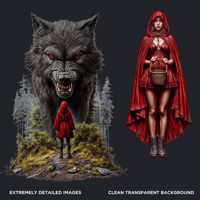 Dark Little red riding hood Clipart Set, Gothic Fantasy clipart, hunter, wolf clipart, Fairytale PNG sublimation, Scrapbook, Junk Journal