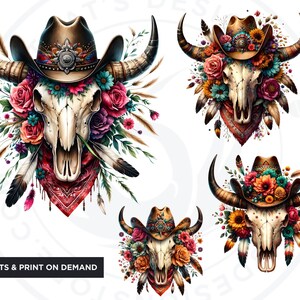 Floral Bull skull PNG clipart, Boho western PNG, Western Sublimation, floral cow skull with feathers crafts and sublimation. Commercial use