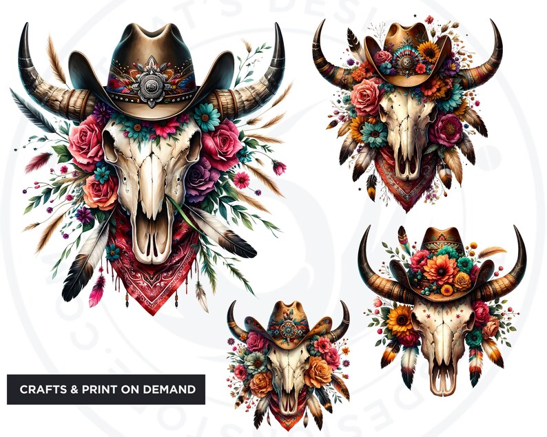 Floral Bull skull PNG clipart, Boho western PNG, Western Sublimation, floral cow skull with feathers crafts and sublimation. Commercial use