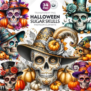 34 images clipart crâne en sucre, clipart Día de los muertos, citrouille jour des morts, motif Halloween mexicain. Sublimation de tête de mort. Crâne PNG