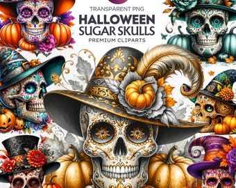 34 Halloween Sugar Skull Clipart: Día de Los Muertos PNG (Digital Download, Commercial Use)