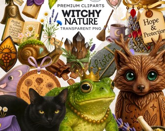 Puede incluir: Un collage digital con varios elementos temáticos de brujería. Incluye un gato negro, una rana verde con corona, un zorro de madera, cristales, botellas de pociones, pergaminos y el texto "Witchy Nature". La imagen tiene una estética caprichosa y mágica.