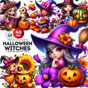 Playful Witch Clipart PNG Set, Cute Halloween Witch, Kawaii Spooky Halloween for Sublimation, Kids Magic Party, Chibi Girl Halloween clipart