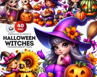 Halloween Witch Clipart Set, Kawaii Spooky PNG