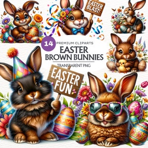 Easter Bunny clipart bundle, brown Rabbit clipart, Spring PNG, Easter Eggs png graphics, printable Easter sublimation. Happy Easter PNG.