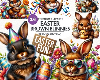 Paquete de imágenes prediseñadas de conejito de Pascua: Gráficos PNG de conejo marrón (descarga digital)