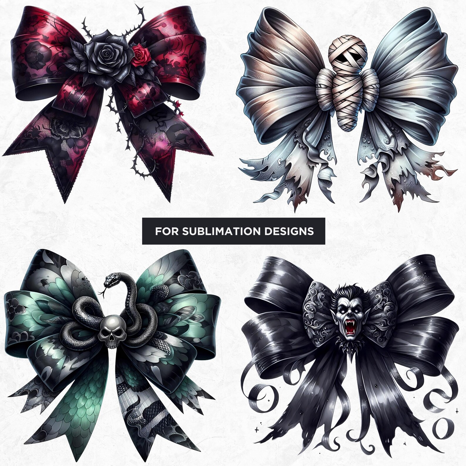 Gothic Halloween Bow Clipart Set: Spooky Characters (PNG Digital ...