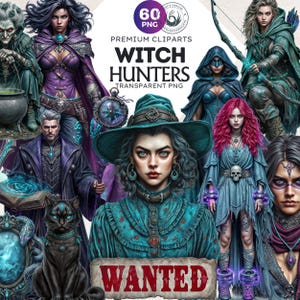 Witch hunters Clipart PNG Set, Fantasy Witches, black cat, wolf, toad, compass, scroll, potions, fantasy clipart, crafts and scrapbooking