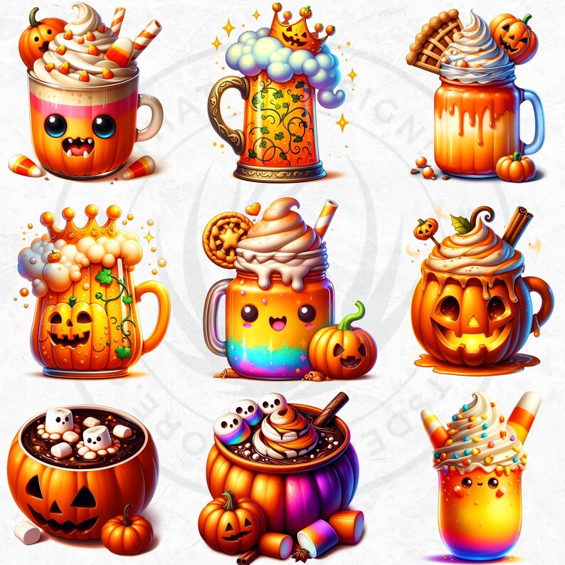 Halloween Drinks Cuties PNG Set, Kawaii Spooky Treats Clipart, Kids halloween Party for Sublimation, Ghost, Pumpkin, cauldron, Halloween PNG