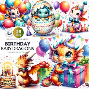 Aquarell Geburtstagsparty Drachen Clipart Set, Kuchen Geschenk Ballons Clipart, alles Gute zum Geburtstag, Geburtstagskarten Einladungen, Baby Drachen PNG